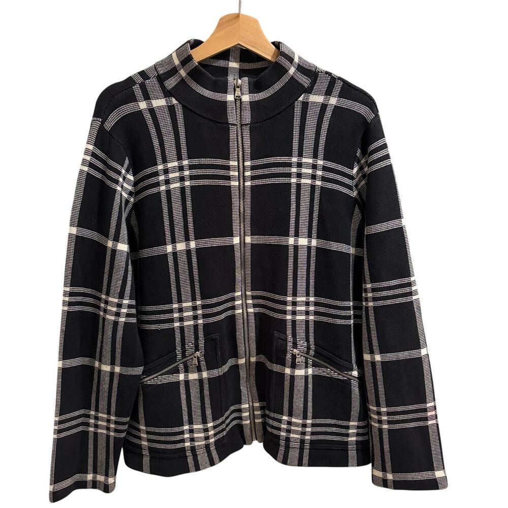 Lauren Ralph Lauren Sweater Jacket Womens 1X Black White Plaid Full Zip Career